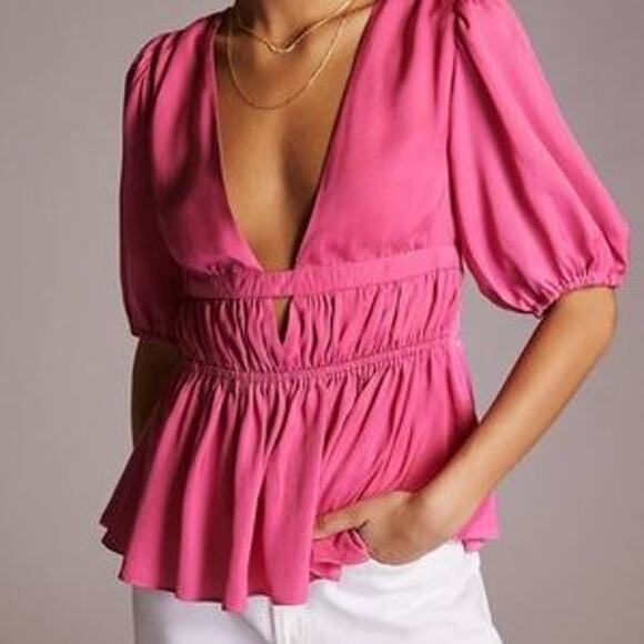 NWT DOLAN Anthropologie Cut-Out V-Neck Peplum Top Sz Small Pink - Picture 3 of 7
